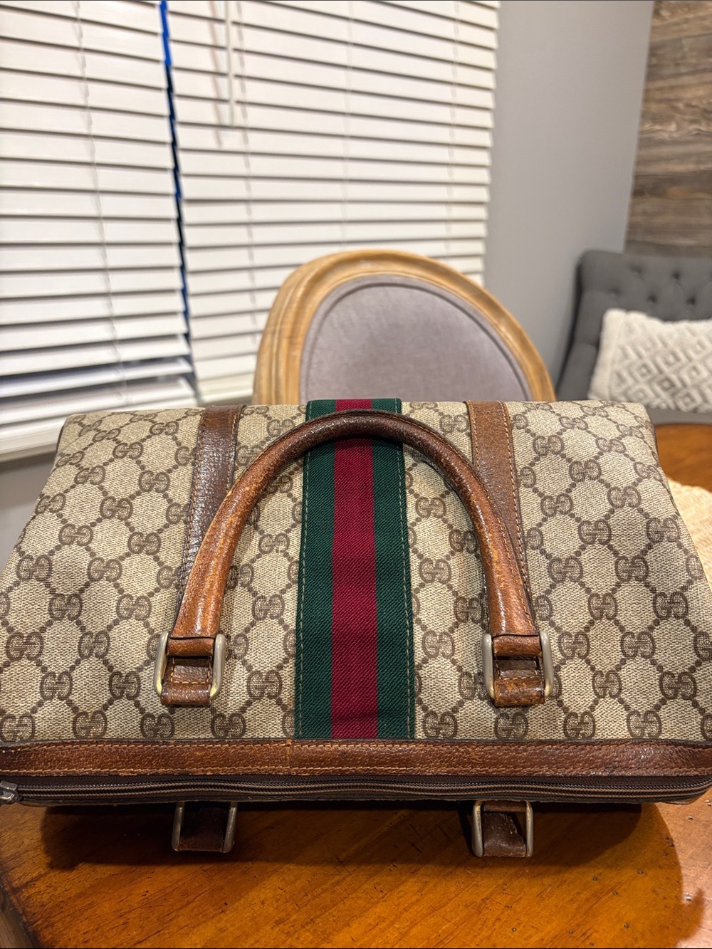 Gucci Brown Monogram Boston Bag with Green and Red Stripe - Picture 14 of 14